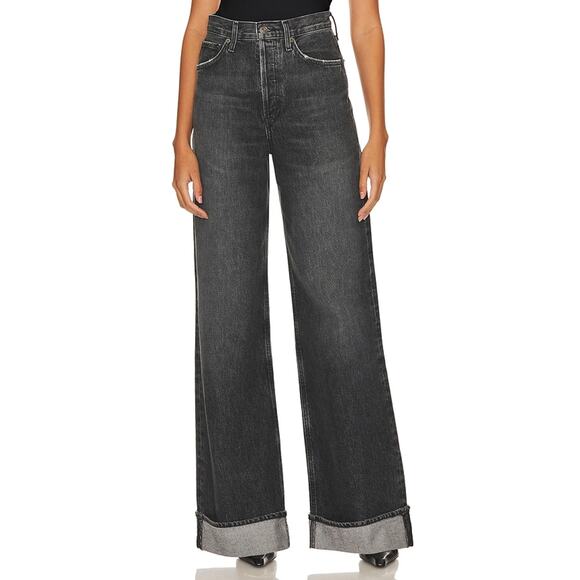 Agolde Denim - Agolde 'Dame' Black Cotton High Rise Wide Leg Denim Jean Size 25